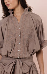 Poplin Blouson Dress w/ Ric Rac - Mocha