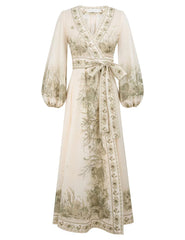 Wanderlust Wrap Midi Dress - Khaki Toile