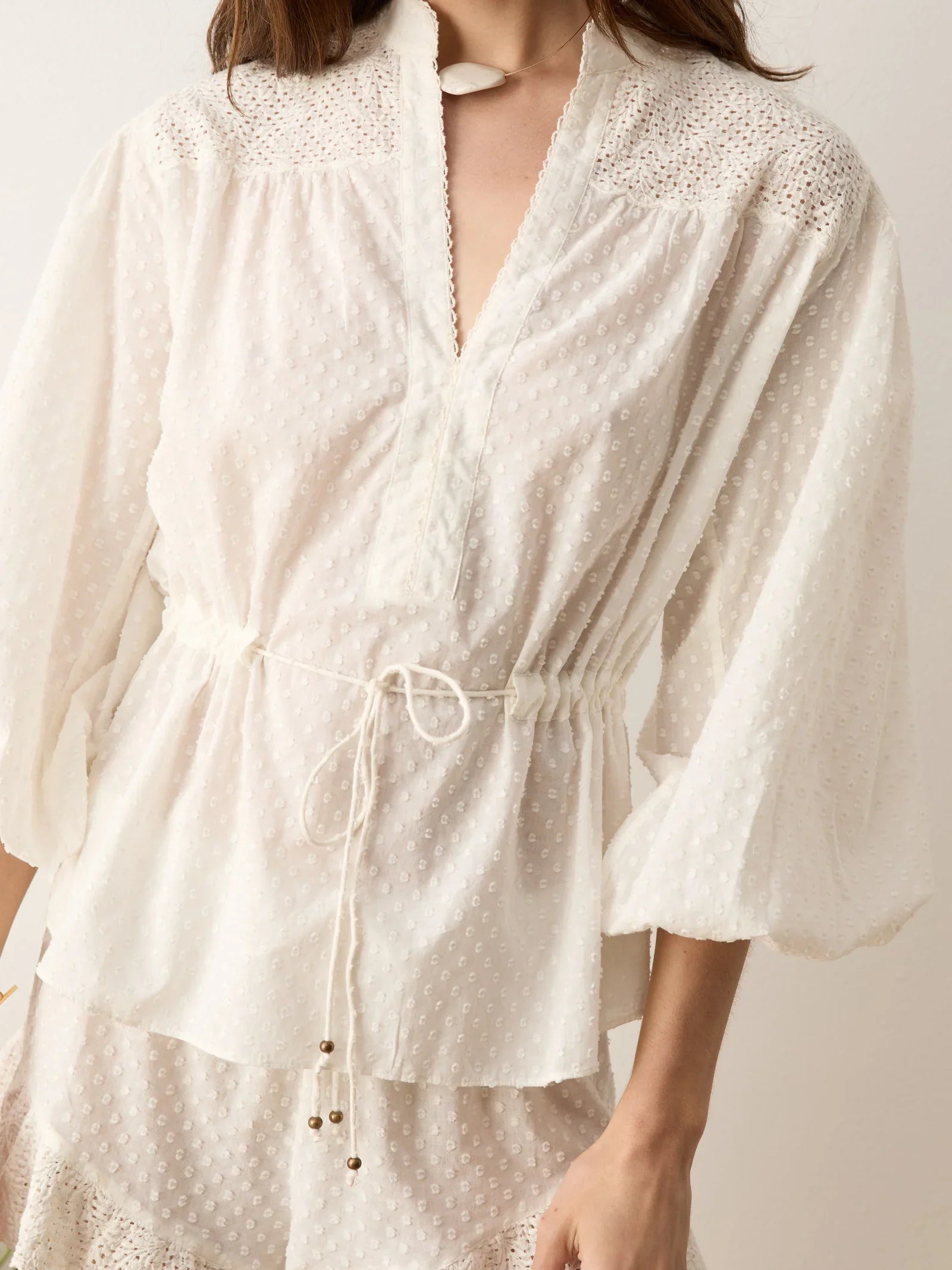 Serenia Smock Blouse W Waist Tie - White