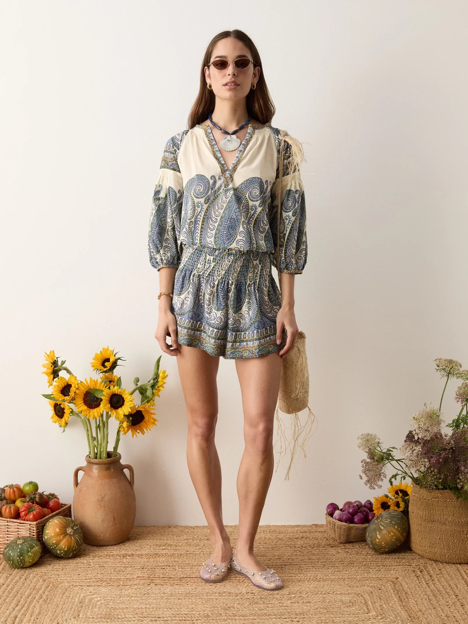 Arcadia Paisley Shirred Waist Short - Lazuli