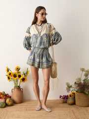 Arcadia Paisley Shirred Waist Short - Lazuli