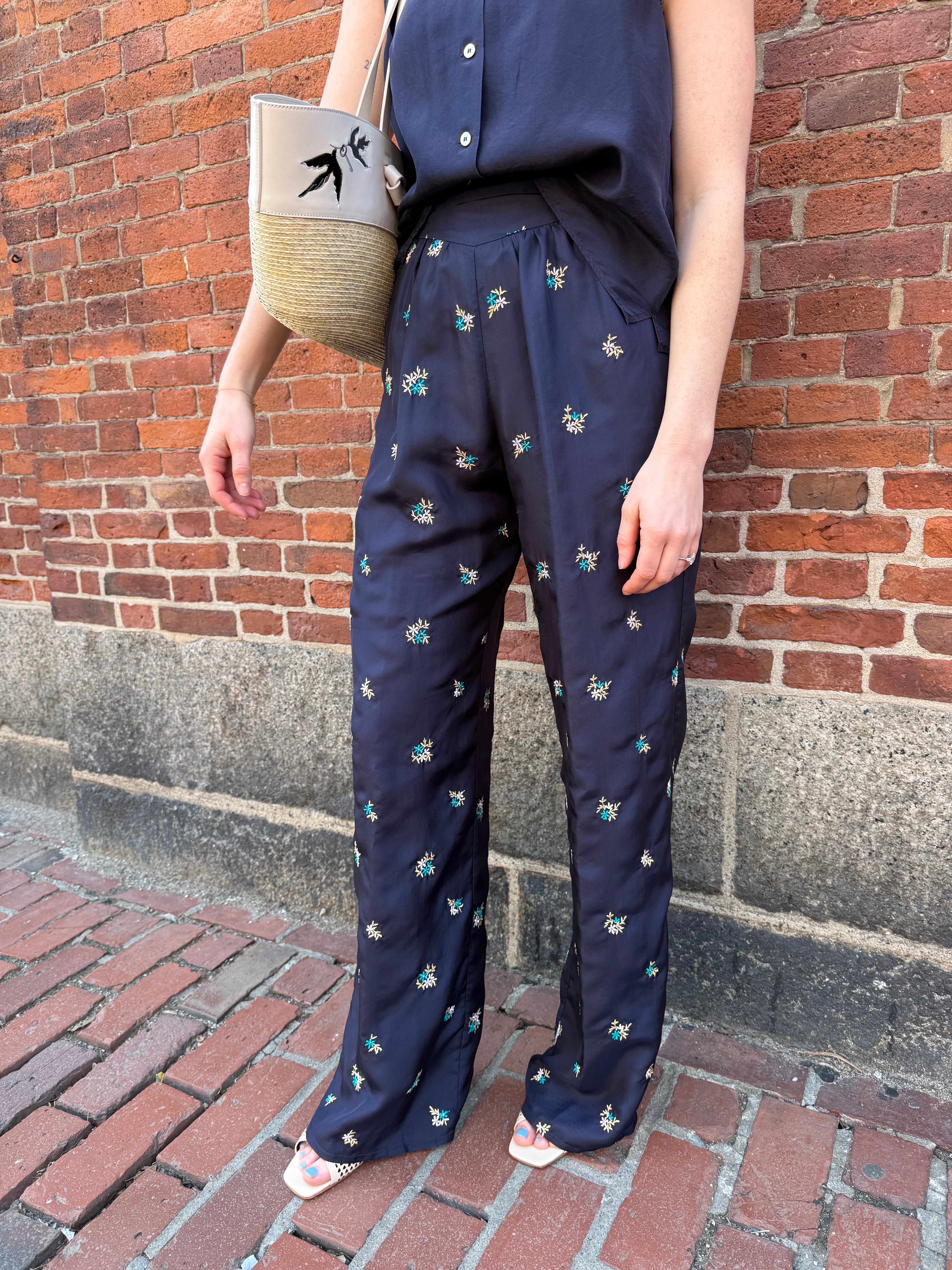 14869_My Pants - Silk Flared Trousers with “Petites Fleurs” Embroidery - Midnight