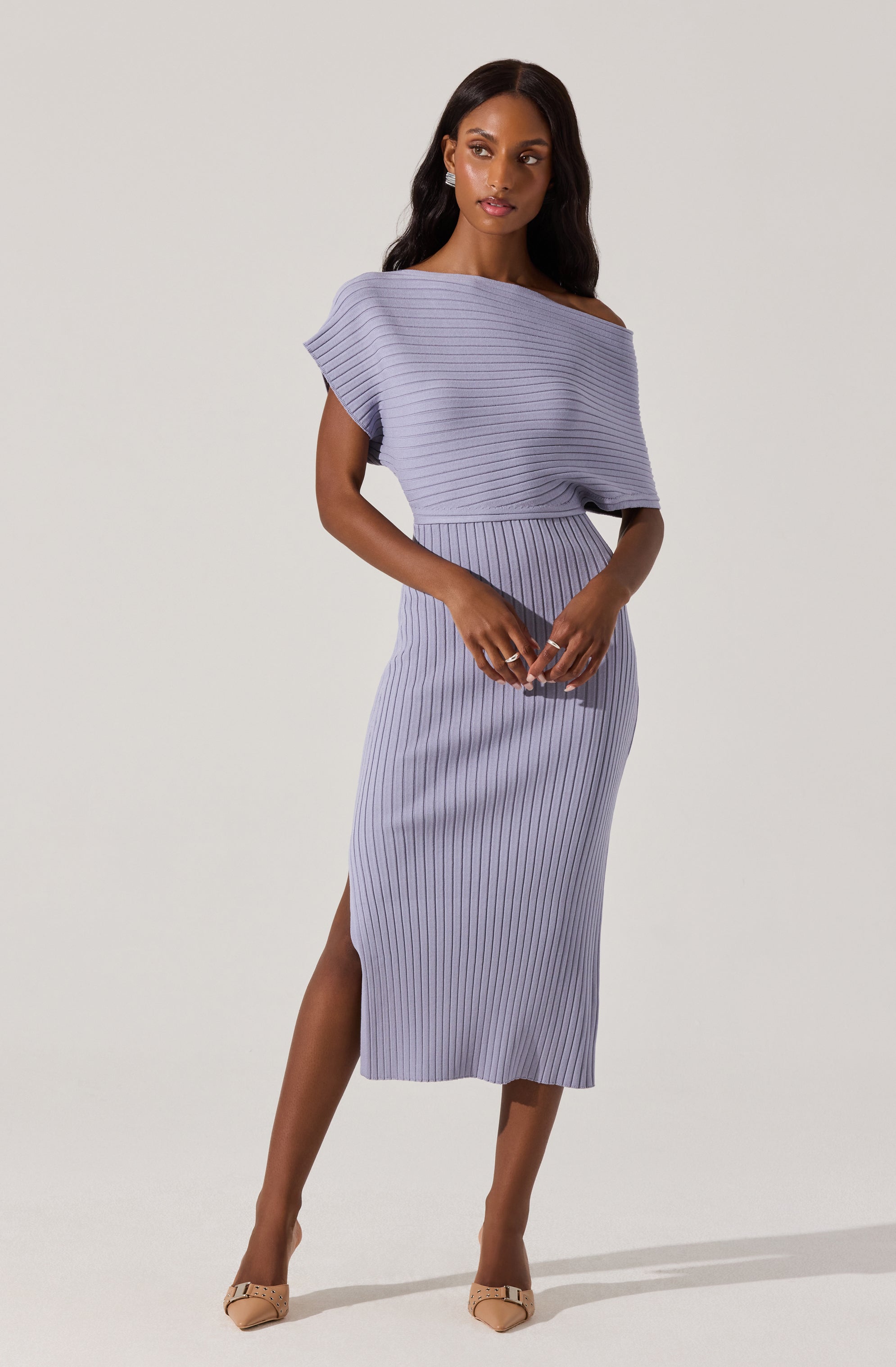 Off Shoulder Ribbed Midi Sweater Dress