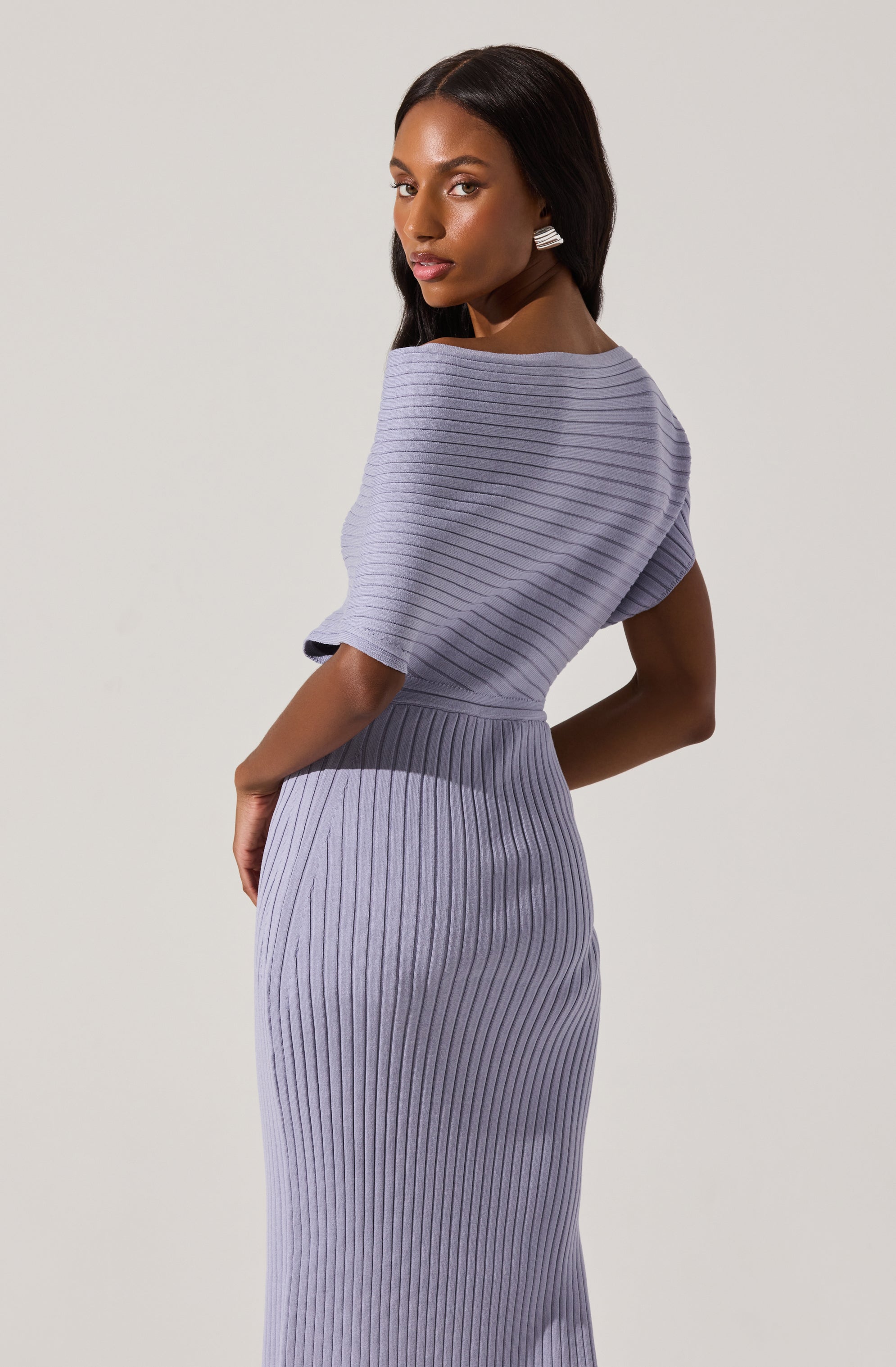 Off Shoulder Ribbed Midi Sweater Dress