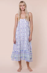 Swing Dress - Mexican Print w/ Mirror Emb - White/Blue