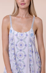 Swing Dress - Mexican Print w/ Mirror Emb - White/Blue