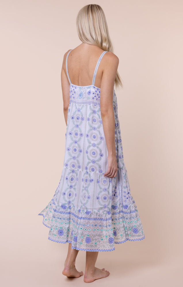 Swing Dress - Mexican Print w/ Mirror Emb - White/Blue