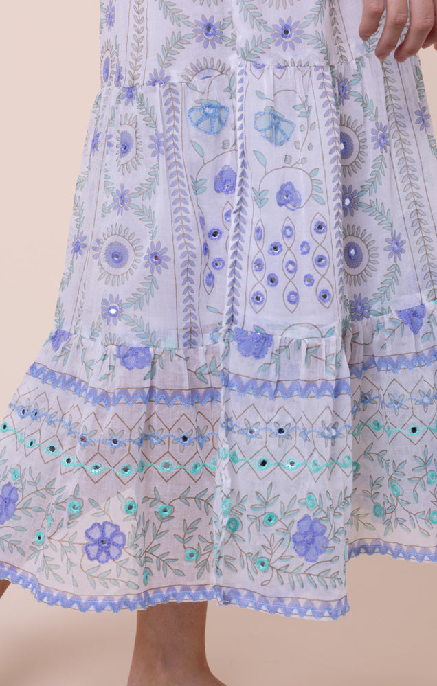 Swing Dress - Mexican Print w/ Mirror Emb - White/Blue