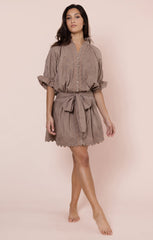 Poplin Blouson Dress w/ Ric Rac - Mocha