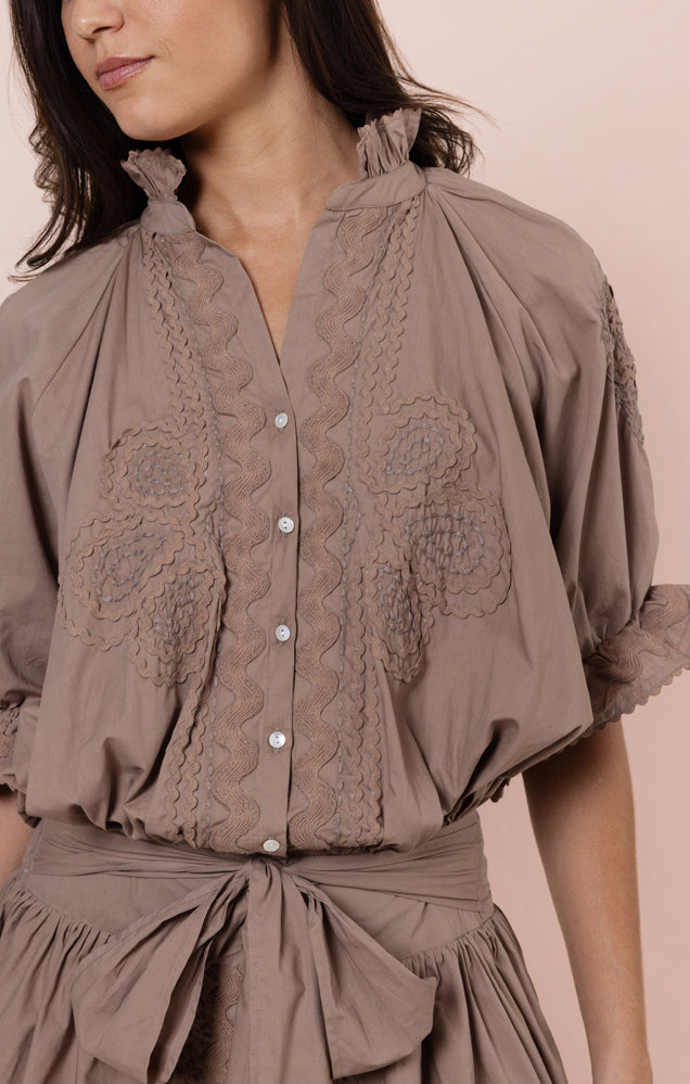 Poplin Blouson Dress w/ Ric Rac - Mocha
