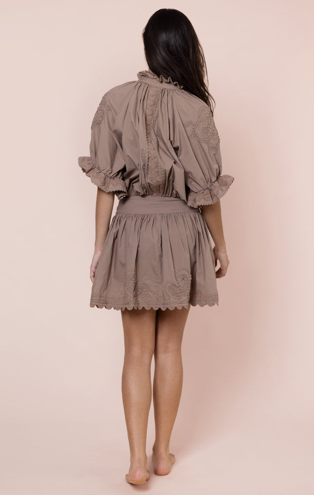 Poplin Blouson Dress w/ Ric Rac - Mocha