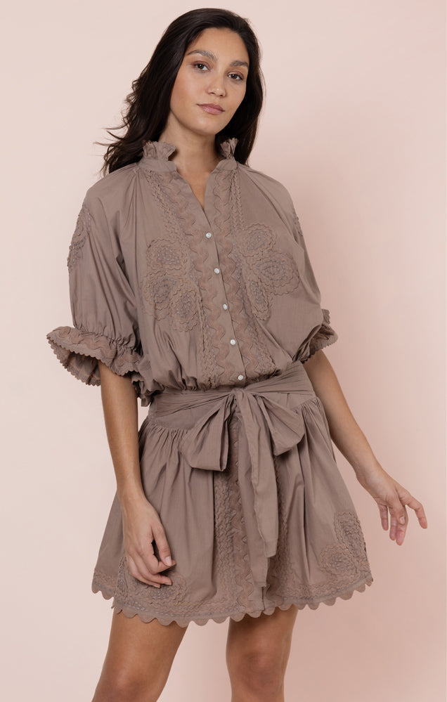 Poplin Blouson Dress w/ Ric Rac - Mocha