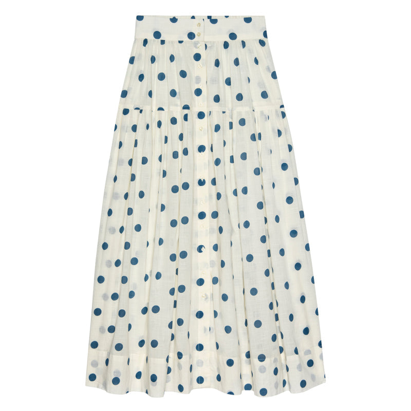 The Highland Skirt - Cream w/ Blue Polka Dots