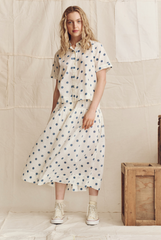 The Highland Skirt - Cream w/ Blue Polka Dots