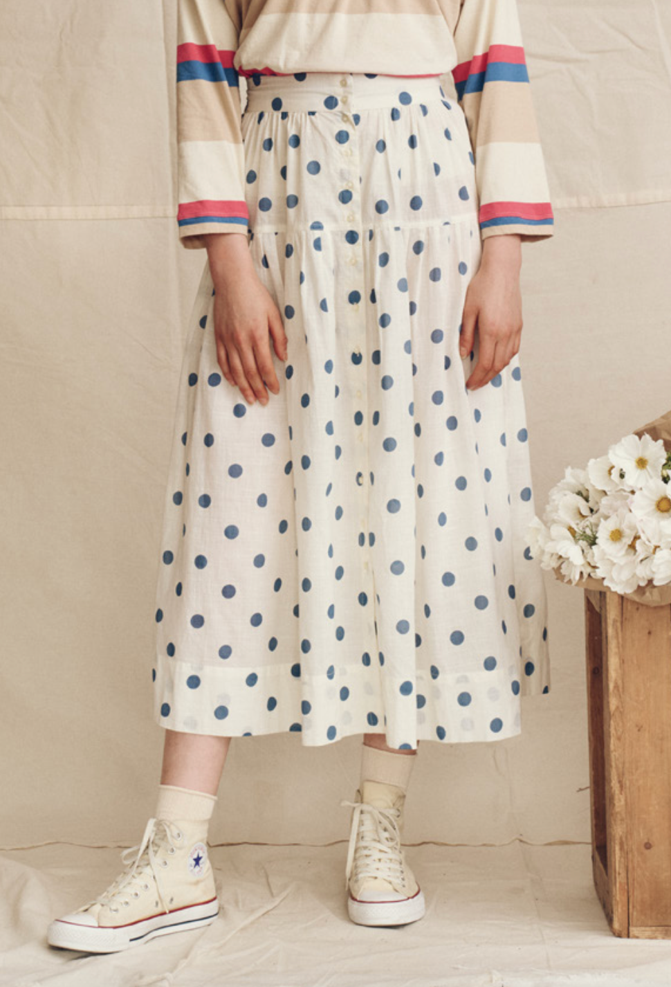 The Highland Skirt - Cream w/ Blue Polka Dots
