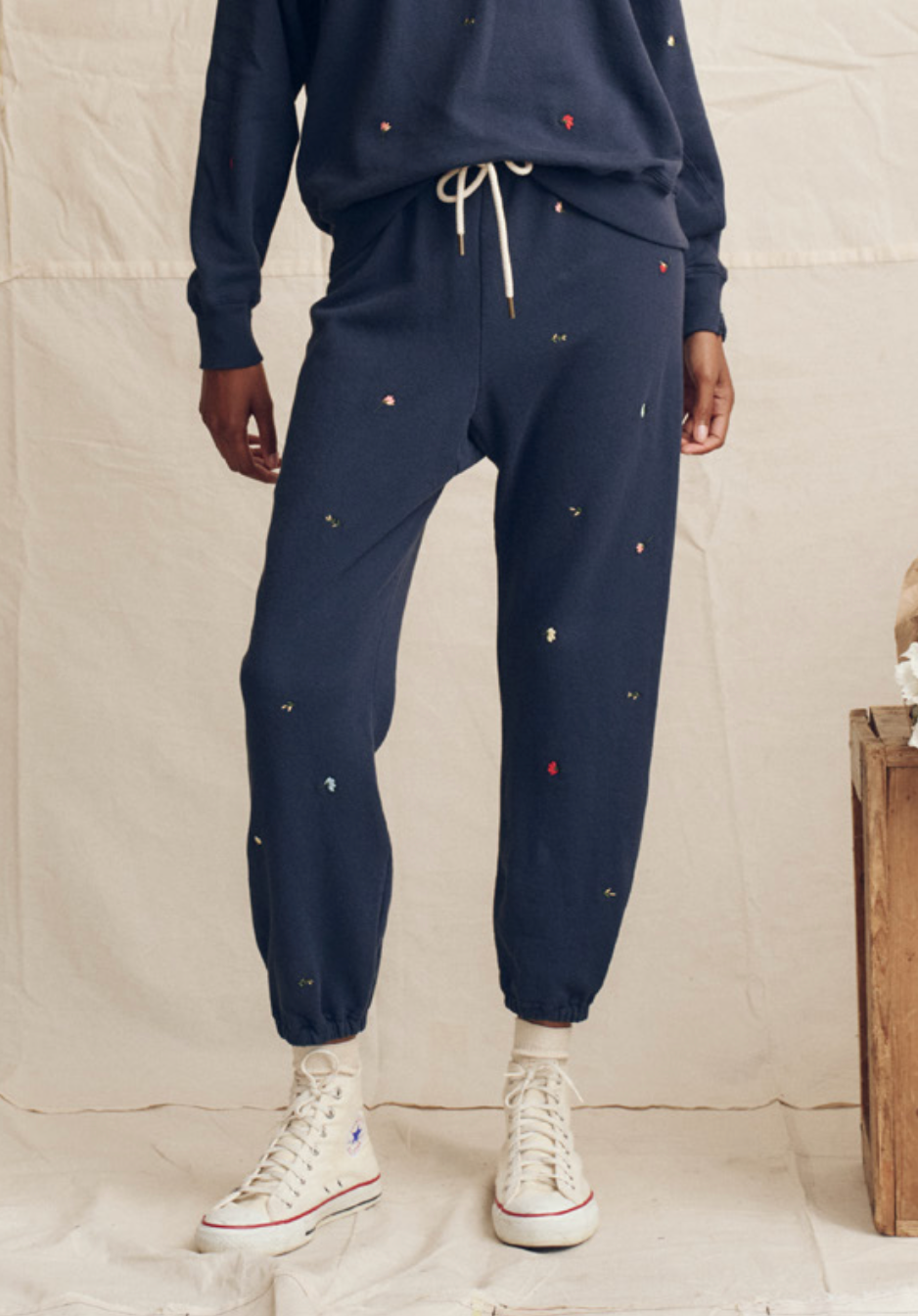 The Stadium Sweatpant - Navy with Tossed Floral Embroidery