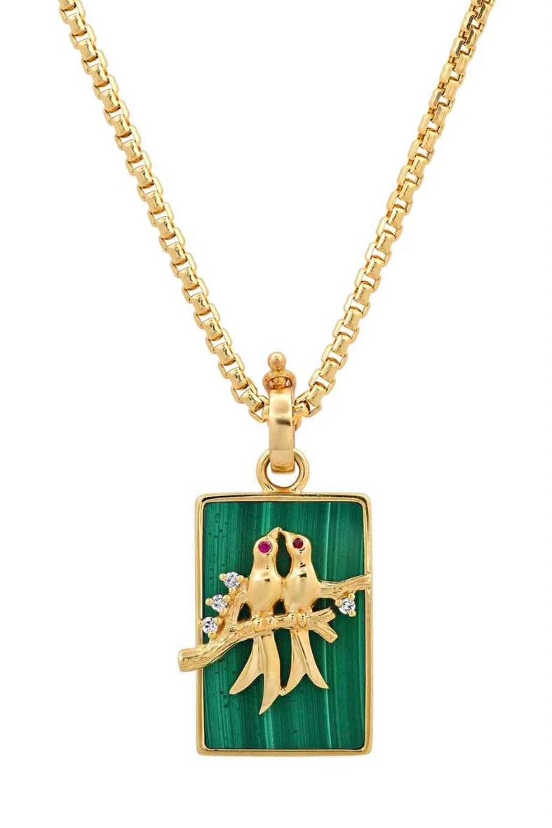 Small Malachite Lovebirds Necklace - 18" Box Chain