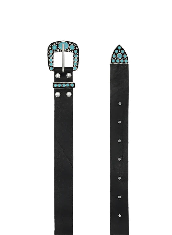 Thelma Calf Leather Turquoise Belt - Black